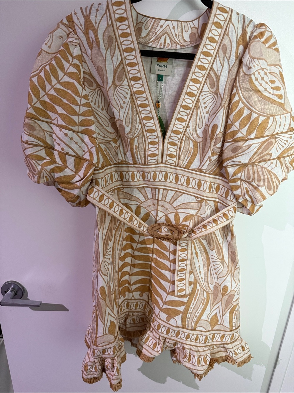 FARM Rio Tan & White Botanical Print Puff-Sleeve Mini Dress